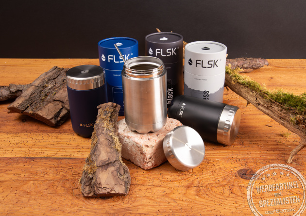 Mehrere FLSK Food Jars aus Edelstahl mit Logo, stilvolle Thermobeh&auml;lter f&uuml;r Essen als nachhaltige Mitarbeitergeschenke und hochwertiges Merch