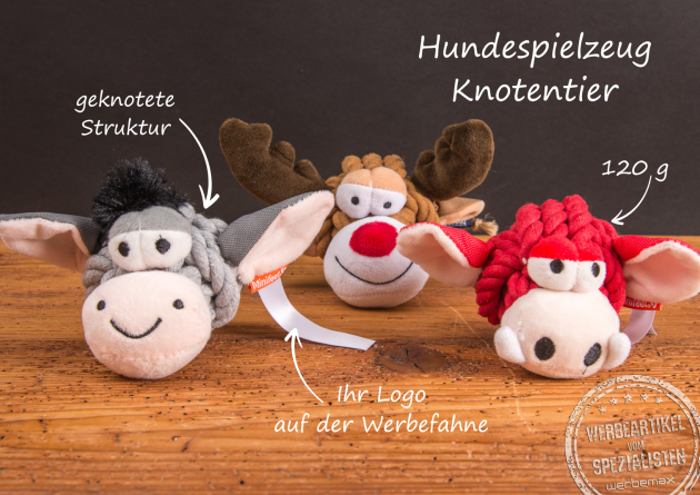 Hundespielzeug Knotentier als Werbeartikel &ndash; Spielzeug Hunde mit geknoteter Struktur und Logo-Werbefahne