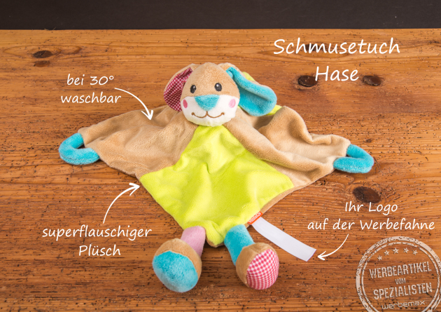 Schmusetuch Hase aus weichem Pl&uuml;sch mit Logo-Etikett, waschbares Schnuffeltuch in Gr&uuml;n und Beige f&uuml;r Babys