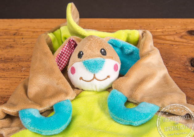 Schmusetuch Hase mit liebevollen Details, flauschiges Schnuffeltuch f&uuml;r Babys aus Pl&uuml;sch in Gr&uuml;n, Beige und Blau