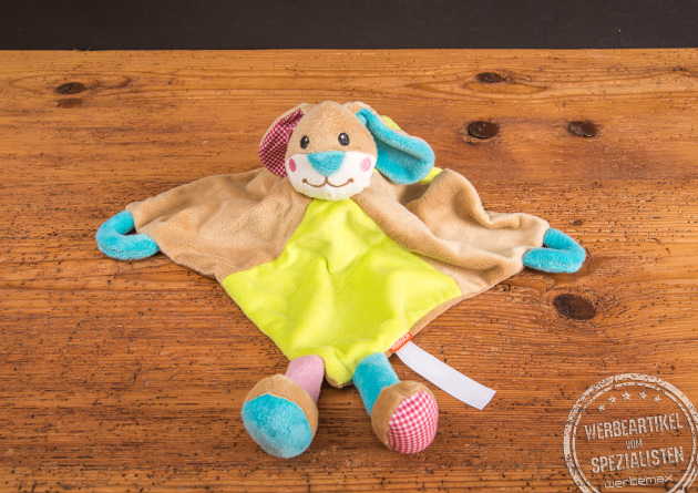 Schmusetuch Hase aus Pl&uuml;sch, flaches Schnuffeltuch f&uuml;r Babys mit bunten Pfoten und Logo-F&auml;hnchen