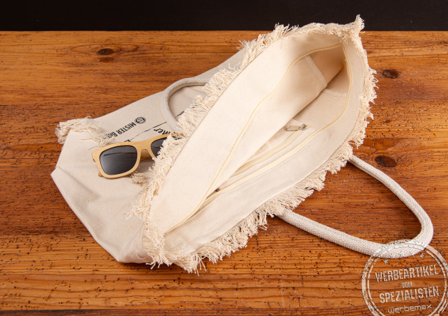 Strandtasche Promotion Fairtrade &ndash; Innenansicht der Baumwoll-Badetasche mit Rei&szlig;verschluss und robuster Verarbeitung