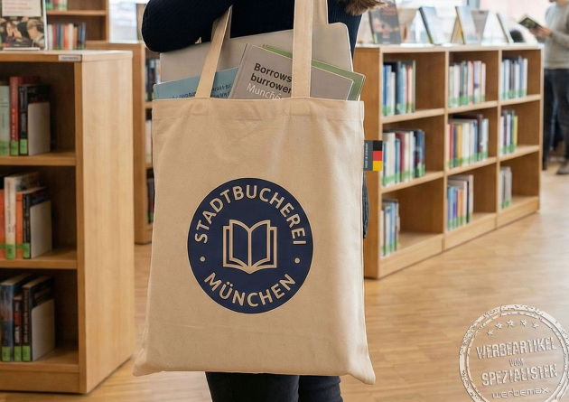 Baumwolltasche aus Deutschland mit Logo bedruckt als hochwertiger Werbeartikel f&uuml;r Buchhandel und Kultur