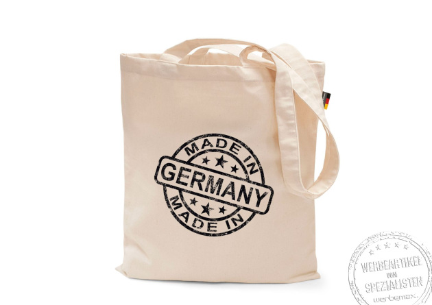 Baumwolltasche Made in Germany mit aufgedrucktem Qualit&auml;tssiegel als nachhaltiger Werbeartikel aus Baumwolle