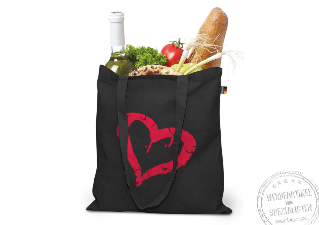 Schwarze Baumwolltasche als nachhaltige Tragetasche mit individuellem Logo bedruckt, ideal f&uuml;r Einkauf und Alltag