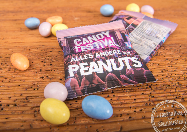 Vegane Treets Peanuts von magna als Werbeartikel und Giveaway mit bunter Zuckerh&uuml;lle