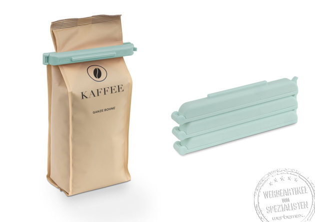 Nachhaltiger T&uuml;tenclip Daclipa by Jell. Die Recyclingclips als hervorragende Werbegeschenke in schwarz mit wei&szlig;em Logo. 