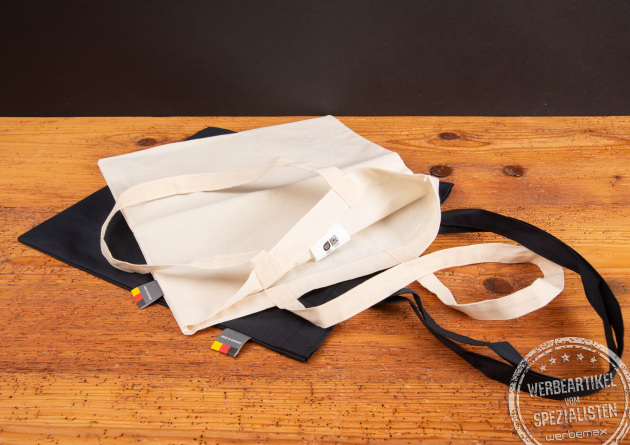 Baumwoll Tragetasche Made in Germany in Schwarz und Natur &ndash; nachhaltiger Werbeartikel mit Logo bedrucken