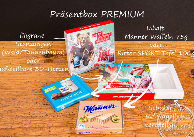 Pr&auml;sentbox Premium als Werbegeschenk mit Ritter Sport Schokolade oder Manner Waffeln, individuelle Geschenk Box mit Logo und 3D Herz-Element