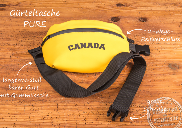 Gelbe G&uuml;rteltasche PURE als Werbeartikel mit Logo-Druck, 2-Wege-Rei&szlig;verschluss, l&auml;ngenverstellbarem Gurt mit Gummilasche und gro&szlig;er Schnalle &ndash; moderne Bauchtasche f&uuml;r Events, Festivals und Promotion-Aktionen.