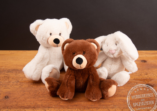 RecycelB&auml;r und RecycelHase als nachhaltige Pl&uuml;sch-Werbeartikel mit gestickten Augen.