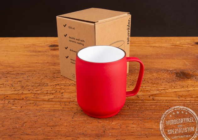 Rote Thermotasse mit Deckel als individuell gestaltbares Werbegeschenk