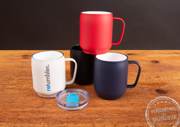 Thermotassen mit Deckel in verschiedenen Farben als nachhaltige Werbemittel mit Logo