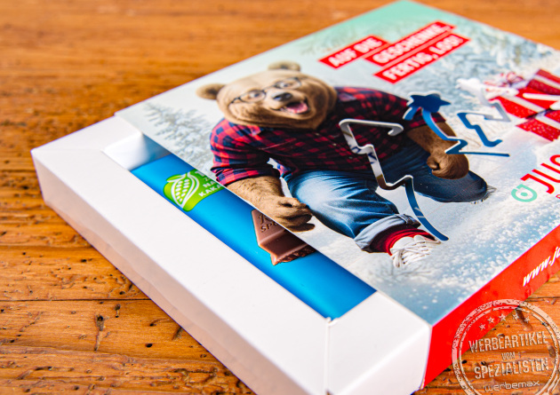Bedruckte Pr&auml;sentbox mit Ritter Sport Schokolade als Mailing Werbemittel mit Logo und individueller Gestaltung