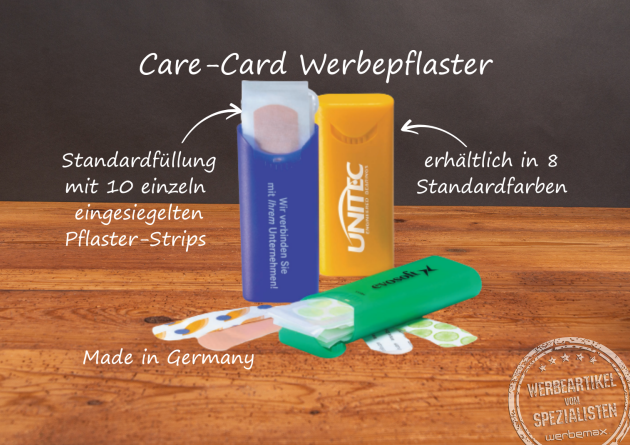 Care-Card Pflasterbox mit Logo, Pflasterbox bedruckt Made in Germany mit 10 einzeln eingesiegelten Pflaster-Strips, ideal als Werbegeschenk