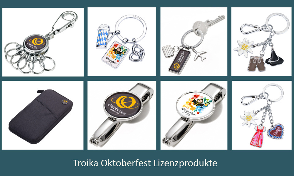 Acht unterschiedliche Troika Oktoberfest Lizenzprodukte als Werbeartikel. Fünf unterschiedliche Schlüsselanhänger mit original Oktoberfest Logo und zwei Taschenhalter mit original Oktoberfest Logo. 