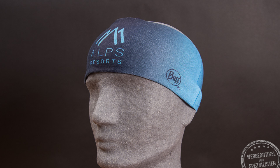 Ein schwarzer Styroporkopf mit einem BUFF CoolNet UV Headband mit Logodruck als Werbeartikel.
