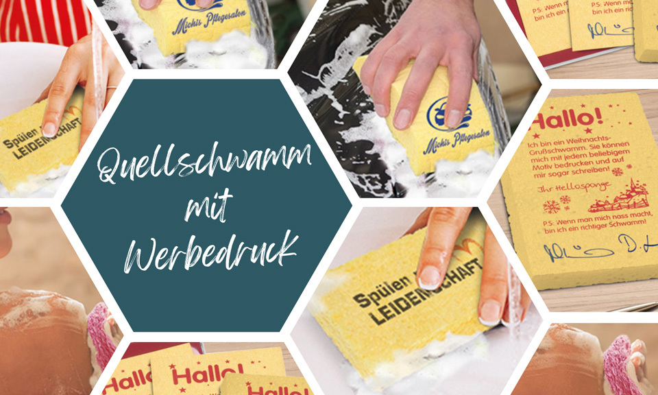 Titelbild Blogbeitrag Quellschwamm mit Werbedruck.