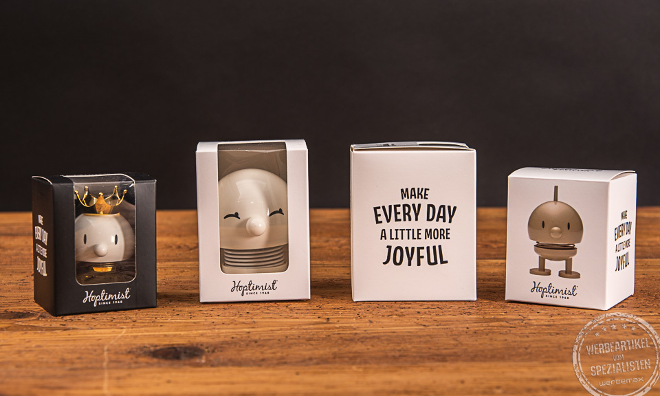 Hoptimist Wackelfiguren im Geschenkkarton als Werbeartikel.