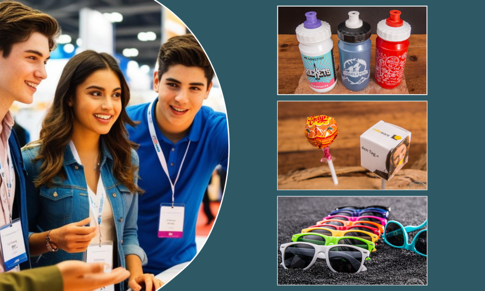 Verschiedene Werbeartikel wie z.B. eine Trinkflasche, eine Sonnenbrille und ein Chupa Chups Lolly für Bewerbermarketing Give-Aways auf Messen. 