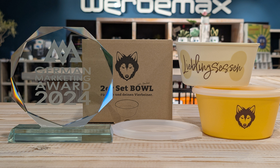 German Marketing Award, koziol 2-er Set BOWL mit Lieblingsessen Aufdruck und Wolfsblut Logo.