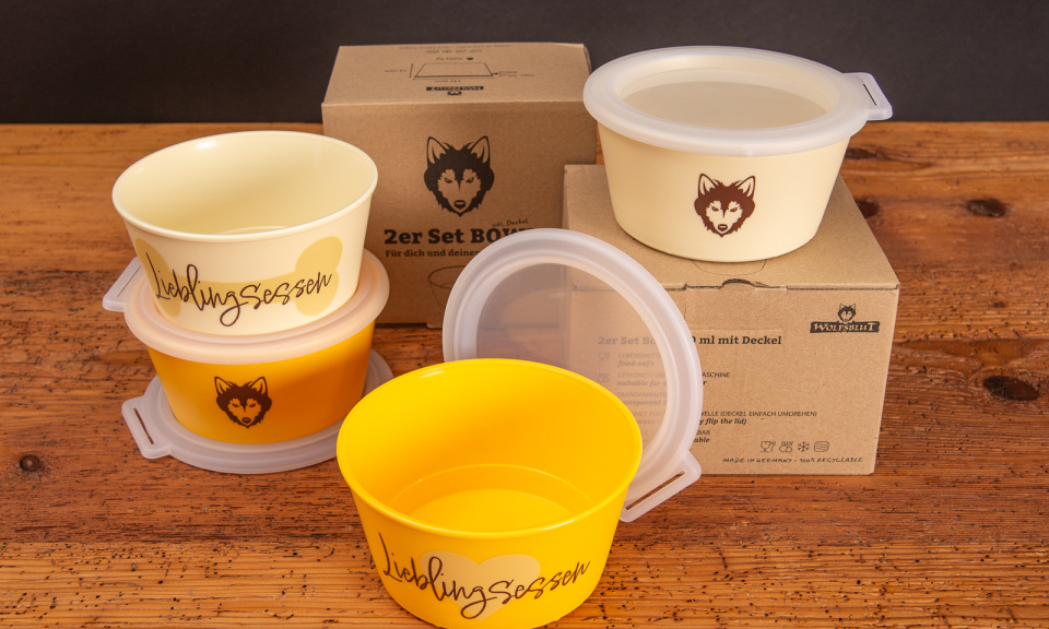 koziol Schalen mit Deckel NORA Box mit Aufdruck Lieblingsessen und Wolfsblut-Logo als Werbeartikel. 