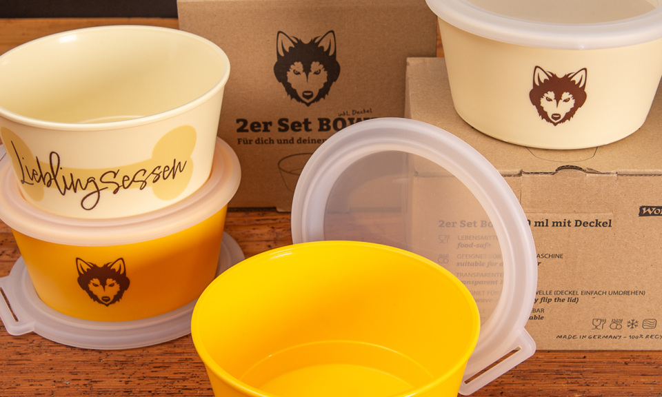 koziol NORA BOX mit Aufdruck Lieblingsessen und Wolfsblut Logo als Werbeartikel. 