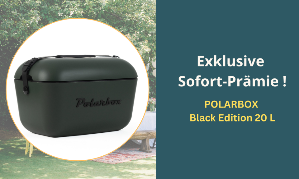 Polarbox Black Edition als Sofort-Pr&auml;mie auf einem halb-transparenten Gartenhintergrund.