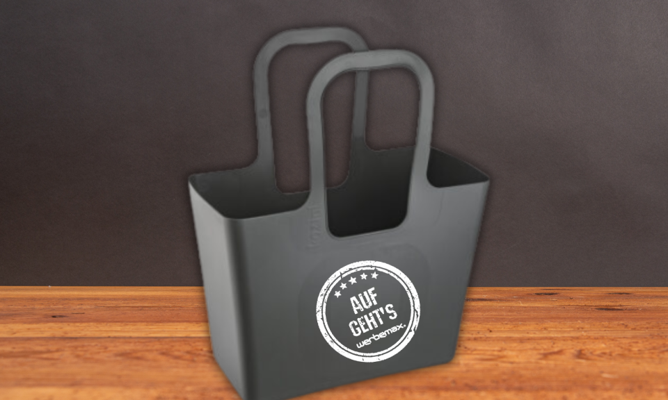 Koziol Tasche XL grau mit Logodruck als Messetasche.