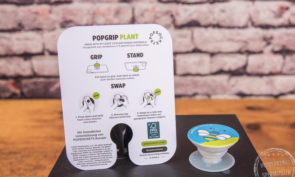 Popsocket Plant PopGrip mit Anleitung für Grip, Stand und Swap – nachhaltig bedruckbarer Handyhalter.