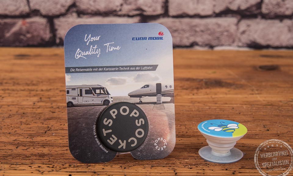 Popsocket PopGrip mit Logodruck von Euramobil als Beispiel für individuell bedruckte Popsockets.