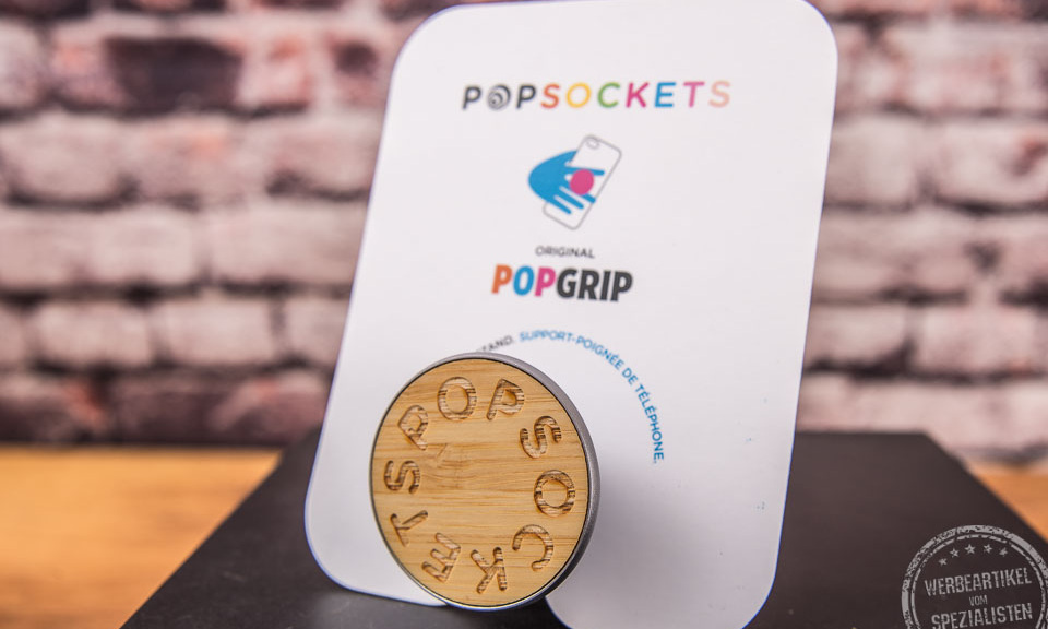 Popsocket PopGrip mit Holzeinlage – edler Handyhalter mit Logo bedrucken.