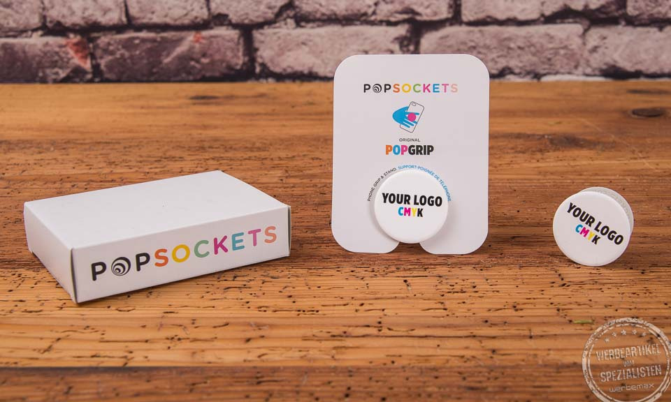 Mehrfarbig bedruckter Popsocket PopGrip mit Verpackung – Werbeartikel mit Logo von werbemax.