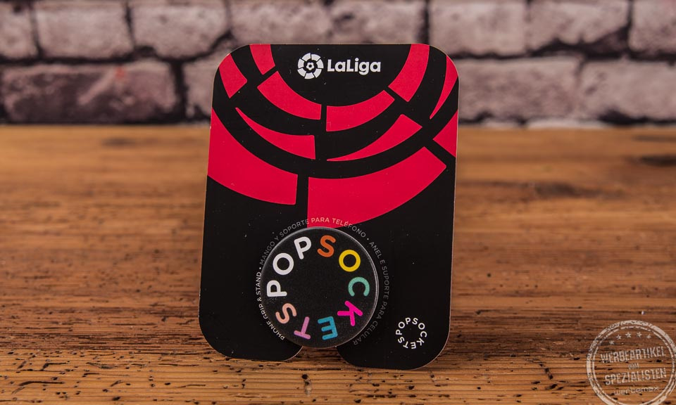 opsocket PopGrip mit Logo der LaLiga als Werbemittel – auffälliger Druck auf Handyhalterung.
