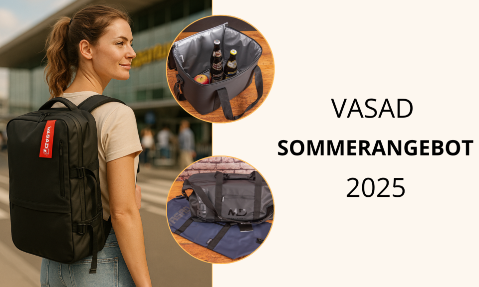 Junge Dame mit Vasad Underseater Active, dem Handgepäck-Rucksack auf dem Rücken als Werbeartikel zum Sonderpreis. 