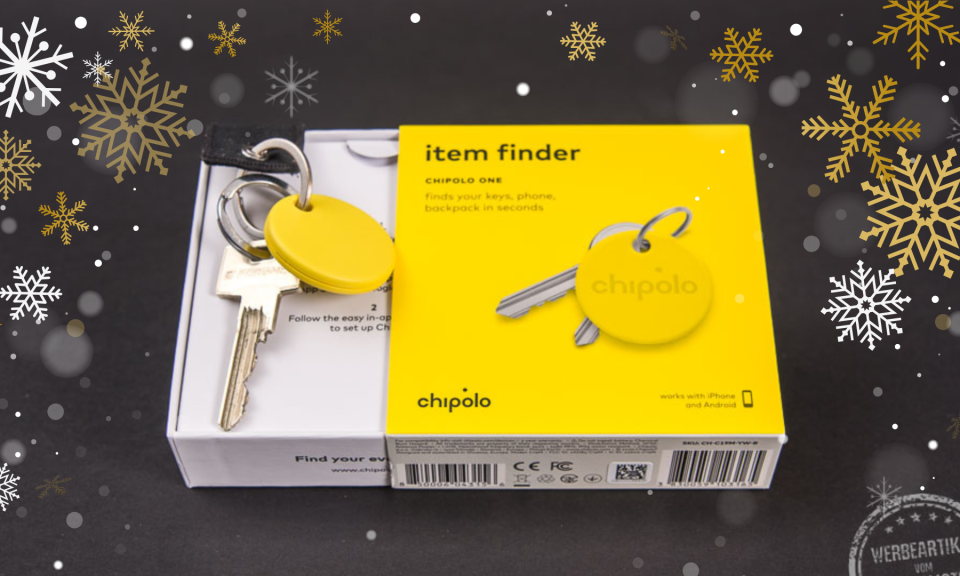 Chipolo Schlüsselfinder in Gelb als Schlüsselanhänger im Geschenkkarton – originelle Geschenkidee und praktisches Weihnachtsgeschenk für Mitarbeiter und Kunden.