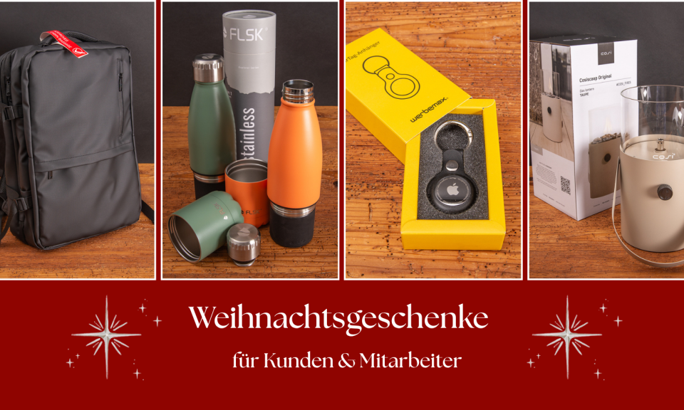 Ideen für Weihnachtsgeschenke für Kunden und Mitarbeiter: schwarzer Rucksack, FLSK Trinkflaschen, Apple AirTag Anhänger im Geschenkkarton und Cosiscoop Glaslaterne.