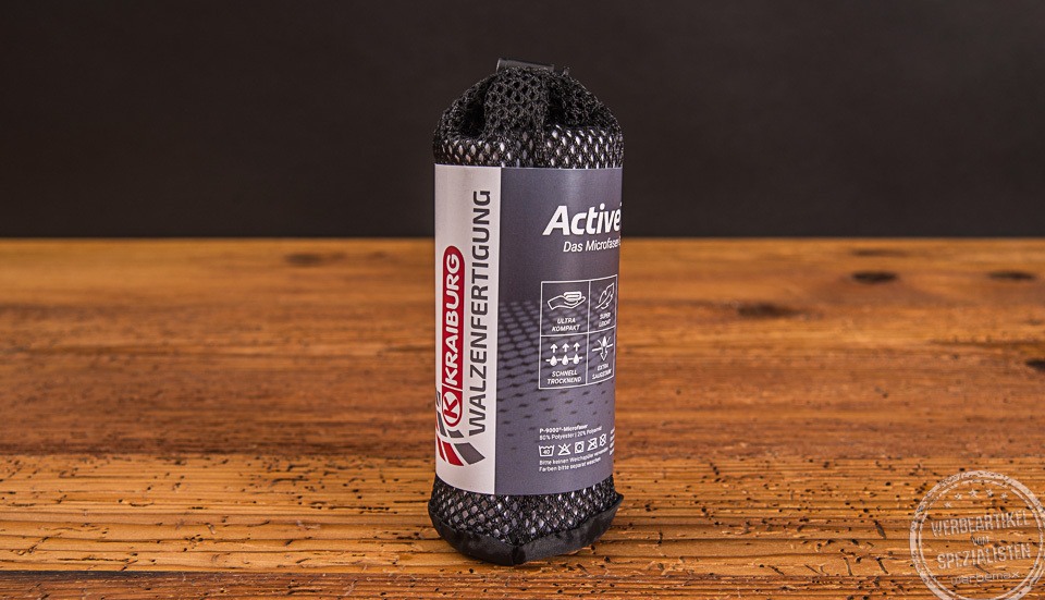 ActiveTowel Handtuch in Verpackung als Werbegeschenk. 