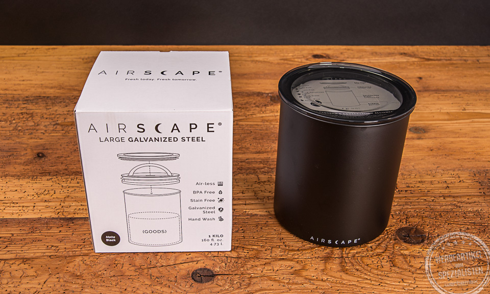 Airscape Kaffeedose in schwarz inklusive Verpackung als Werbegeschenk f&uuml;r Cafe. 