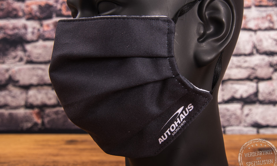 Mund-Nasen-Maske in schwarz als Werbeartikel mit Logo Auto Eder.