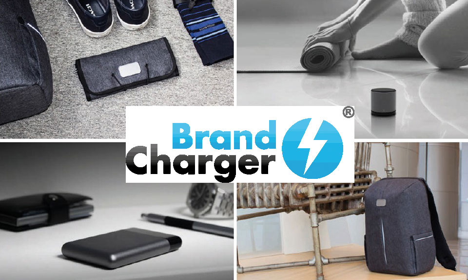 Werbeartikel von Brandcharger wie z.B. Schreibgeräte, Multistecker, Rucksäcke und Notebook-Halter.