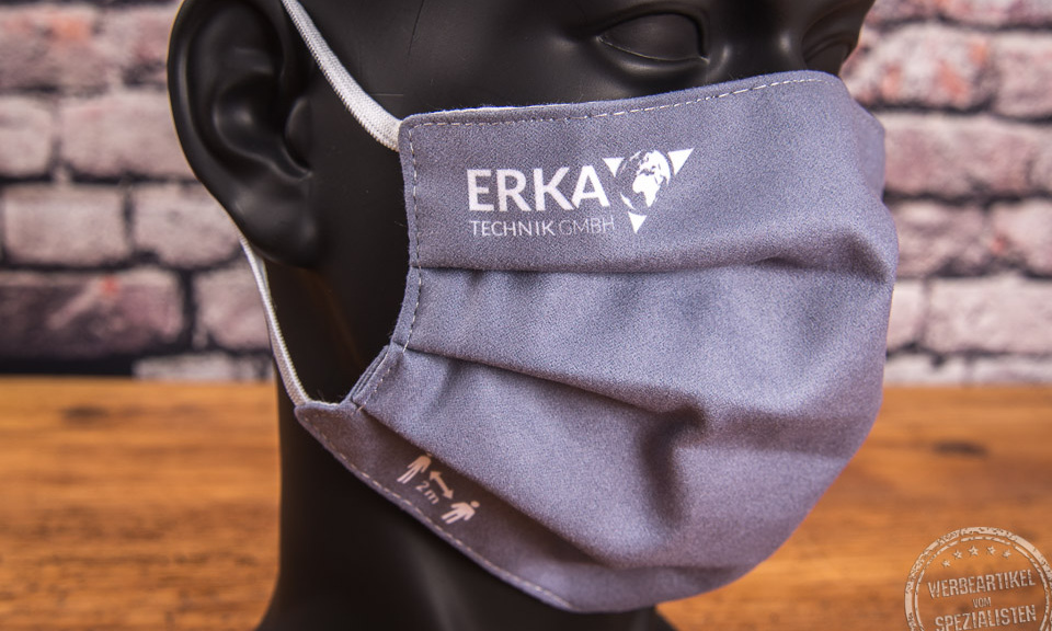 Mund-Nasen-Maske in grau mit Erka Logo als Werbeartikel 
