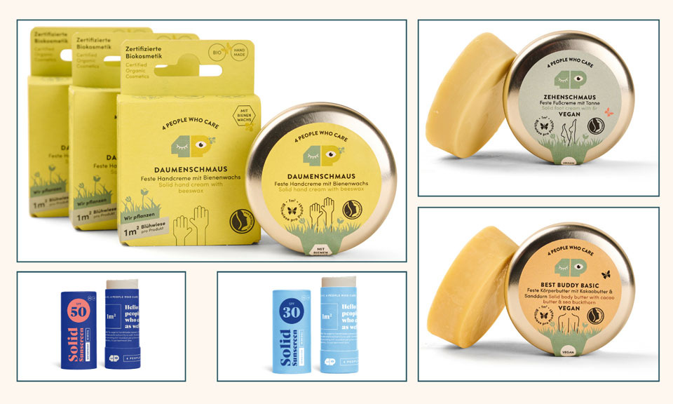 Feste Handcreme, feste Fu&szlig;creme und feste K&ouml;rperbutter in der Dose mit Papierverpackung als Werbegeschenk. 