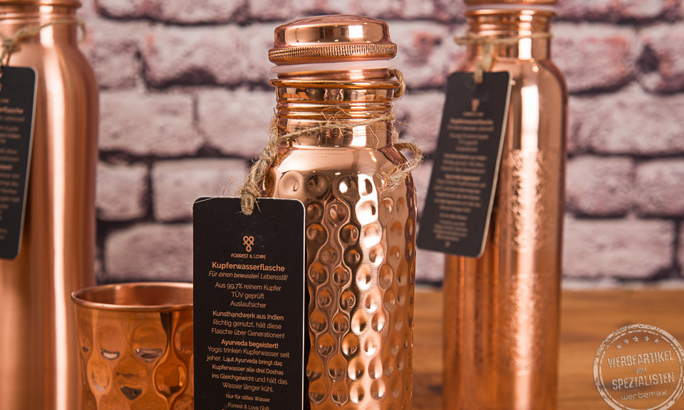 Forrest & Love Kupferwasserflasche geh&auml;mmert mit Werbeanbringung