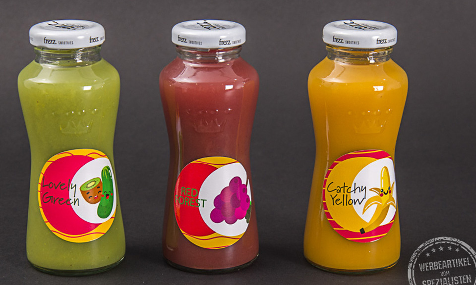 Frucht Smoothies als Werbeartikel in verschiedenen Geschmacksrichtungen