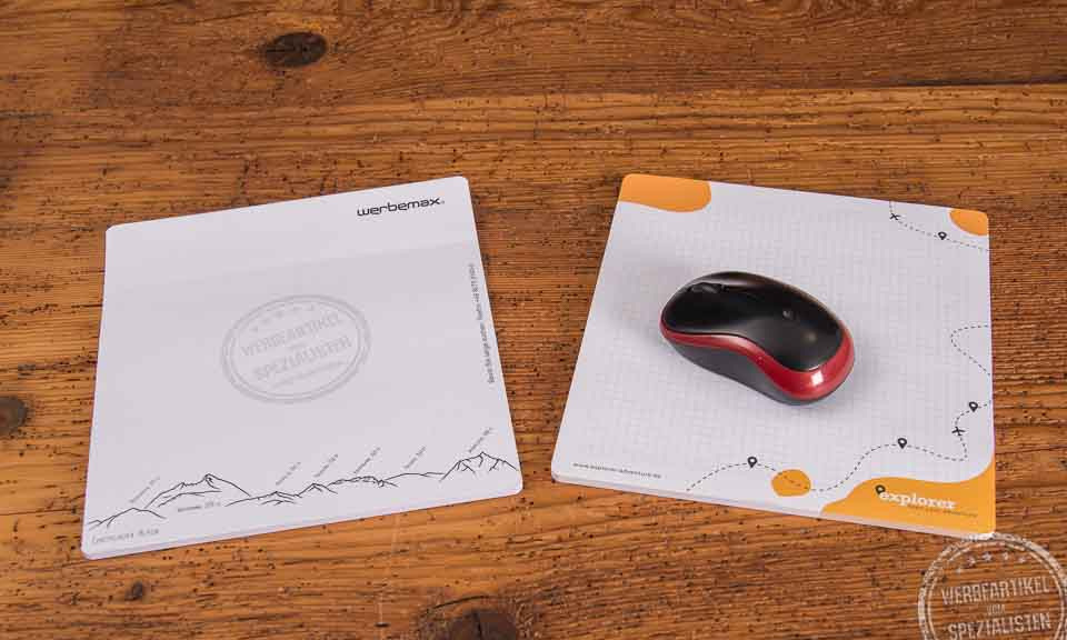 Mousepad und Haftnotizen als Werbegeschenk mit Logo und Mouse.