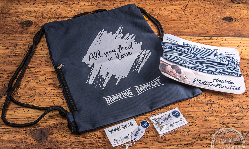 Happy Dog Happy Cat Werbeartikel dunkelblauer Matchrucksack mit wei&szlig;em Logodruck, individuelles MUFU und Einkaufswagenl&ouml;ser