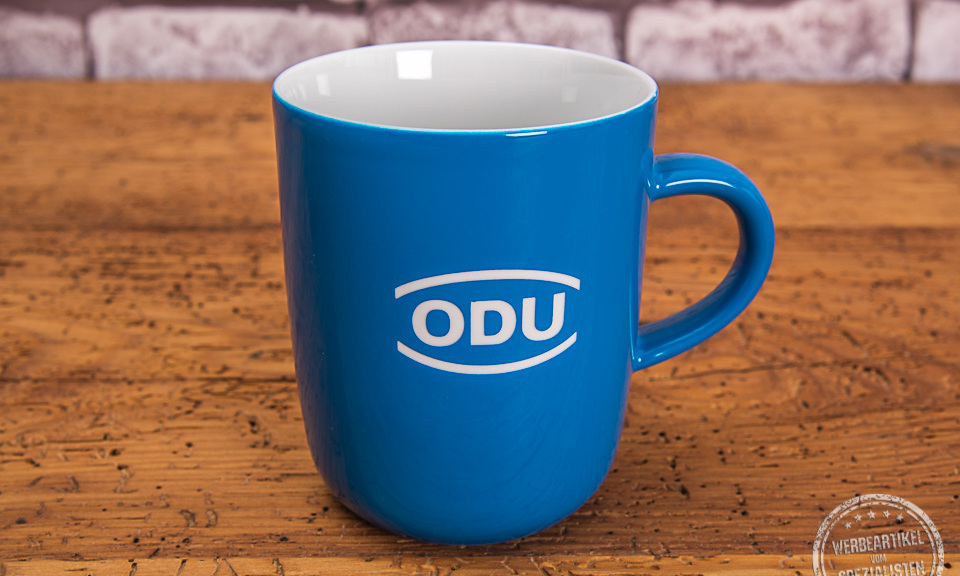 ODU Tasse Werbegeschenk in Blau mit wei&szlig;er Gravur