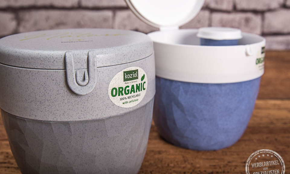 Zwei Bento Box in grau und in blau als Werbegeschenk von Koziol. 