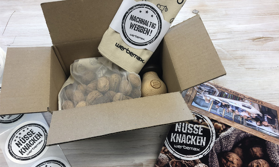 &Uuml;berraschungspaket Werbemax Waln&uuml;sse im Obstbeutel und Nussknacker